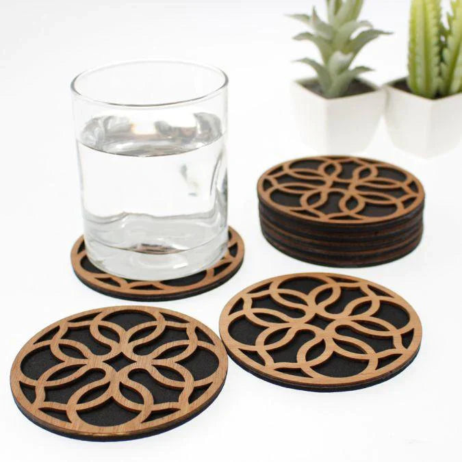 Beautiful Textured Laser Cut Tea Coffee and Glass Coaster / Mat Set of for Kitchen Home and Office - Wooden Coaster
